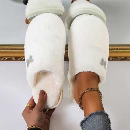 

Wefuesd Ladies Fashion Solid Color Plush Closed Toe Diamond Butterfly Decorative Flat Cotton Slippers Womens Slippers Slippers For Women Indoor Beige 41