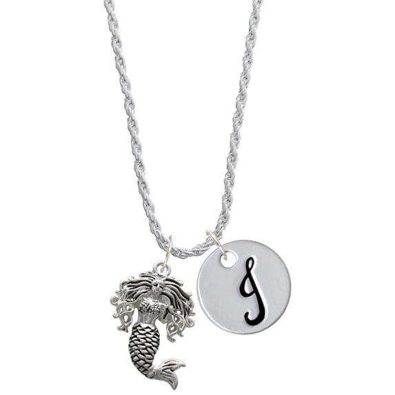 Delight Jewelry Silvertone Mermaid Silvertone Script Initial Disc - J - Charm Necklace, 20"+3"