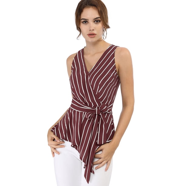 INSPIRE CHIC Top peplum envolvente con dobladillo asimétrico en la cintura con cuello en V sin mangas para mujerBorgo?a M