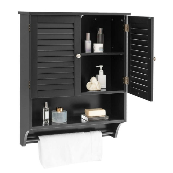 Costway Bathroom Wall Mounted Medicine Cabinet with Louvered Doors & Towel Bar Black