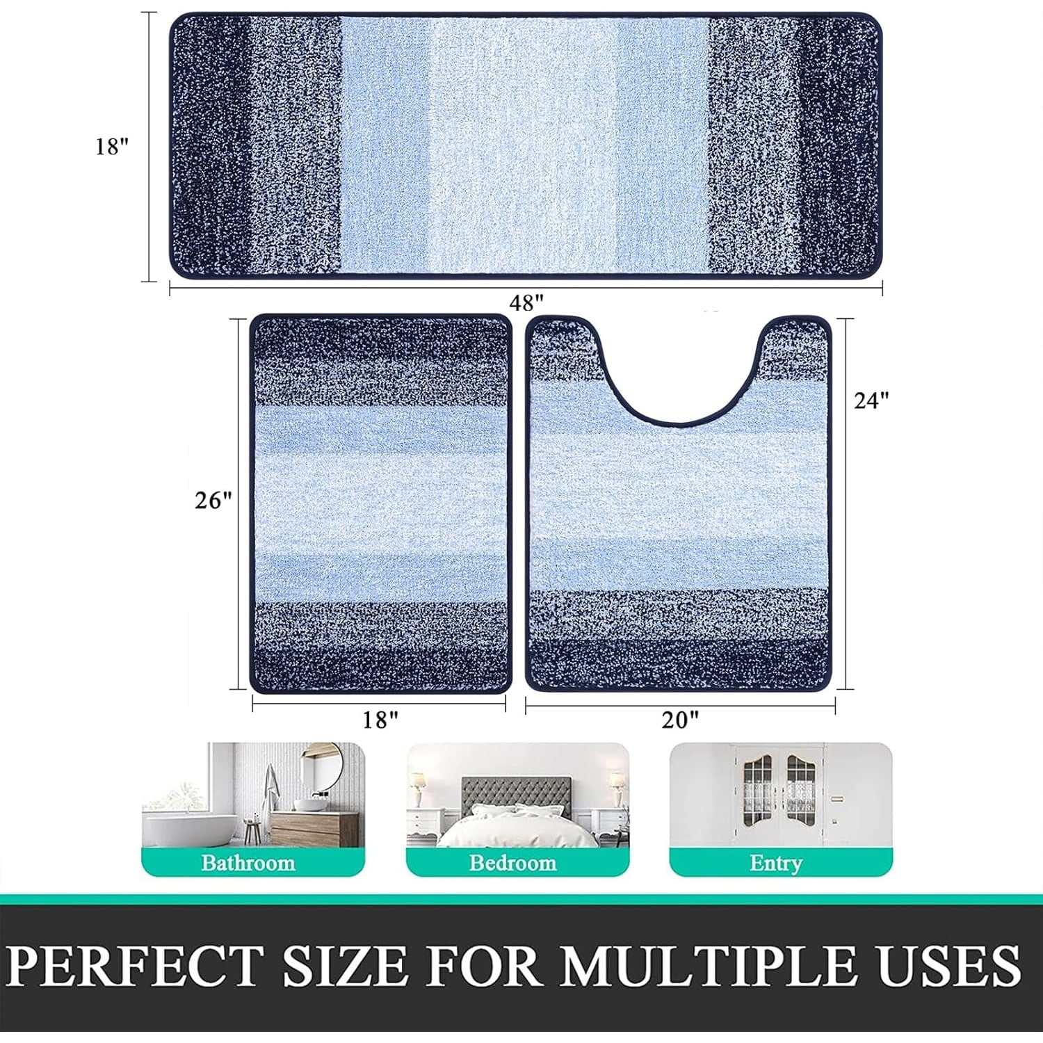 Bathroom Rugs, Yamaziot Bath Mat Set of 3, Absorbent Microfiber Non Slip Shaggy Ultra Soft Bathroom Runner with U Shaped Contour Toilet Mat for Tub Front, Shower Inside Floor