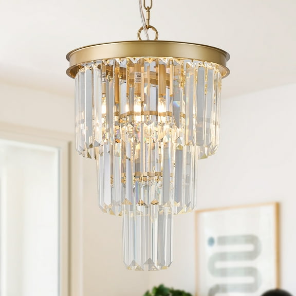 Modern Crystal Pendant Light for Kitchen Island, Mini Gold Crystal Light Fixture Luxury for Dining Room, K9 Ceiling Pendant Light 3 Tiers for Hallway Bedroom Closet