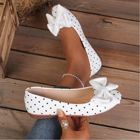 Samdudou Ballet Flats for Women Closed Toe Slip On Classic Round Front Shoes Vintage Polka Dot Pattern Large Oversized Bowknot Detail On Vamp Casual Dressy Walking Footwear