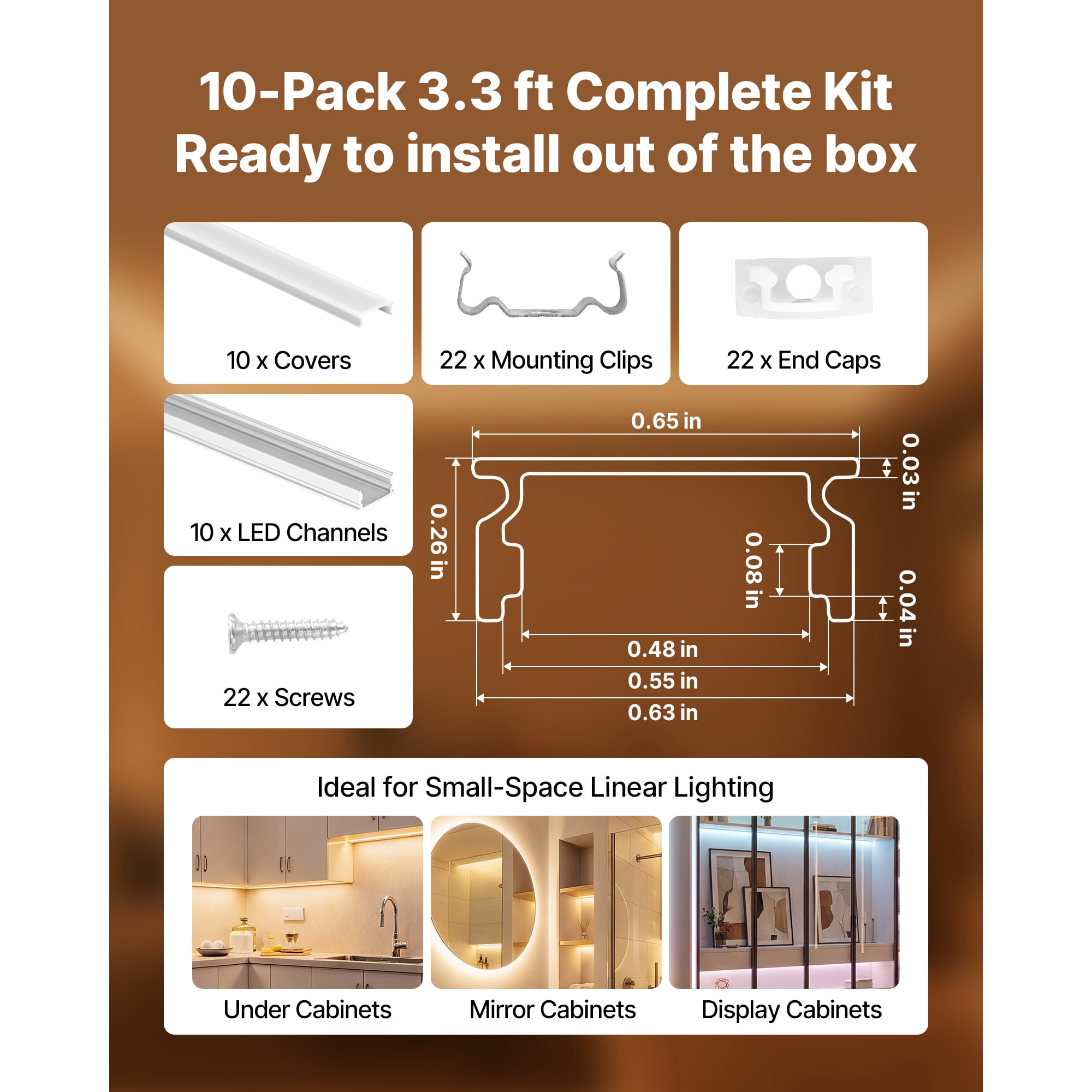 KFFKFF 10-Pack 3.3 ft/1M U-Shaped LED Aluminum Channel with Frosted Cover, End Caps, and Mounting Clips, Ideal for LED Strip Light Installations, Simple Setup for Under Cabinet or Counter Lighting