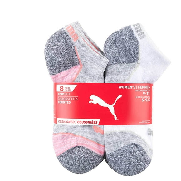 PUMA Womens No Show Low Cut Moisture Control Sport Socks (Shoe Size 5-9.5) - Multi Grey - 8 Pack