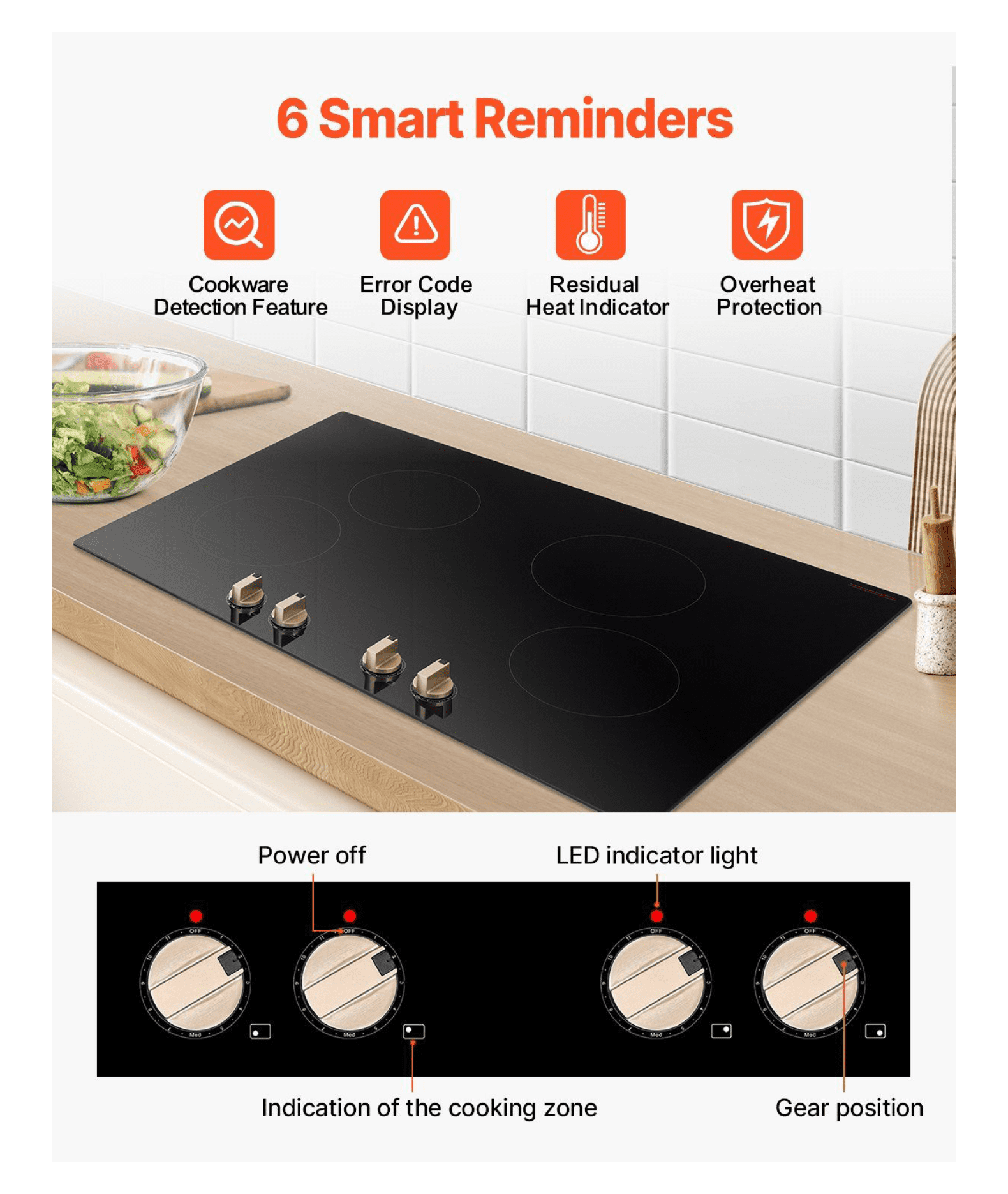 6600W 4 Burner Induction Cooktop, Electric Countertop Stove, Knob Control, Built-in Cooktop for Kitchen, Fast Heating, Safety Features, Easy Clean