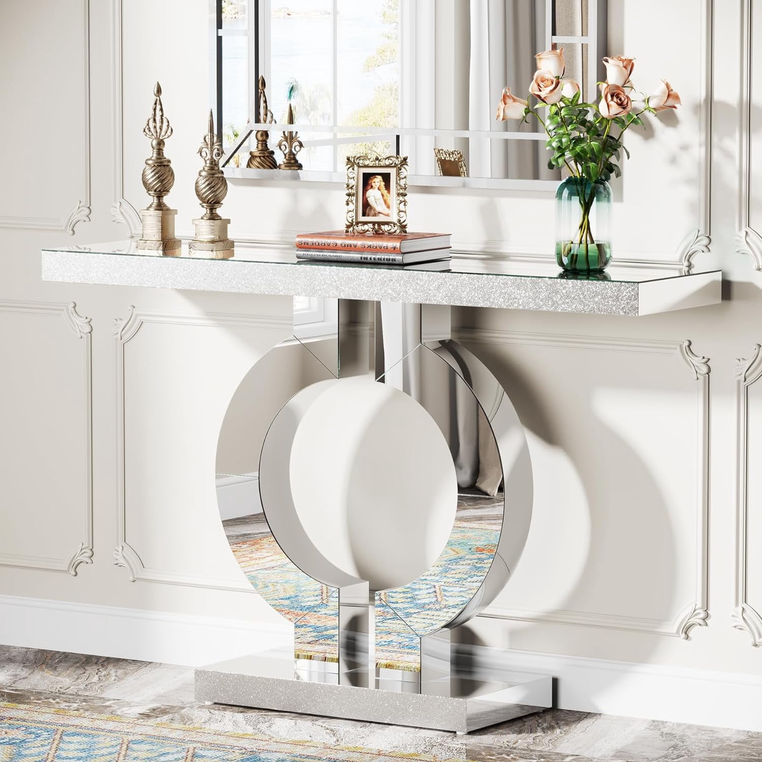 Tribesigns 43-Inch Mirrored Console Table, Modern Silver Entryway Table with O-Shaped Base, Glass Sofa Table with Mirror Finish for Living Room Hallway Entrance