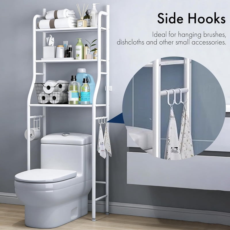 3-Tier Over the Toilet Storage Shelf with Adjustable Foot Pads, Anti-Tilt Metal Bathroom Organizer with Paper Holder & 4 Hooks, No Drill Space Saving Toilet Rack