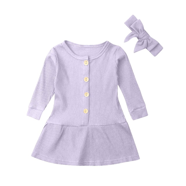 Odeerbi Niñas Vestido de Manga Larga de Punto Elástico Primavera Otoño Vestido de Algodón Color Sólido Botón Cuello Redondo Vestido Con Cinta Para El Pelo Conjunto de Dos Piezas