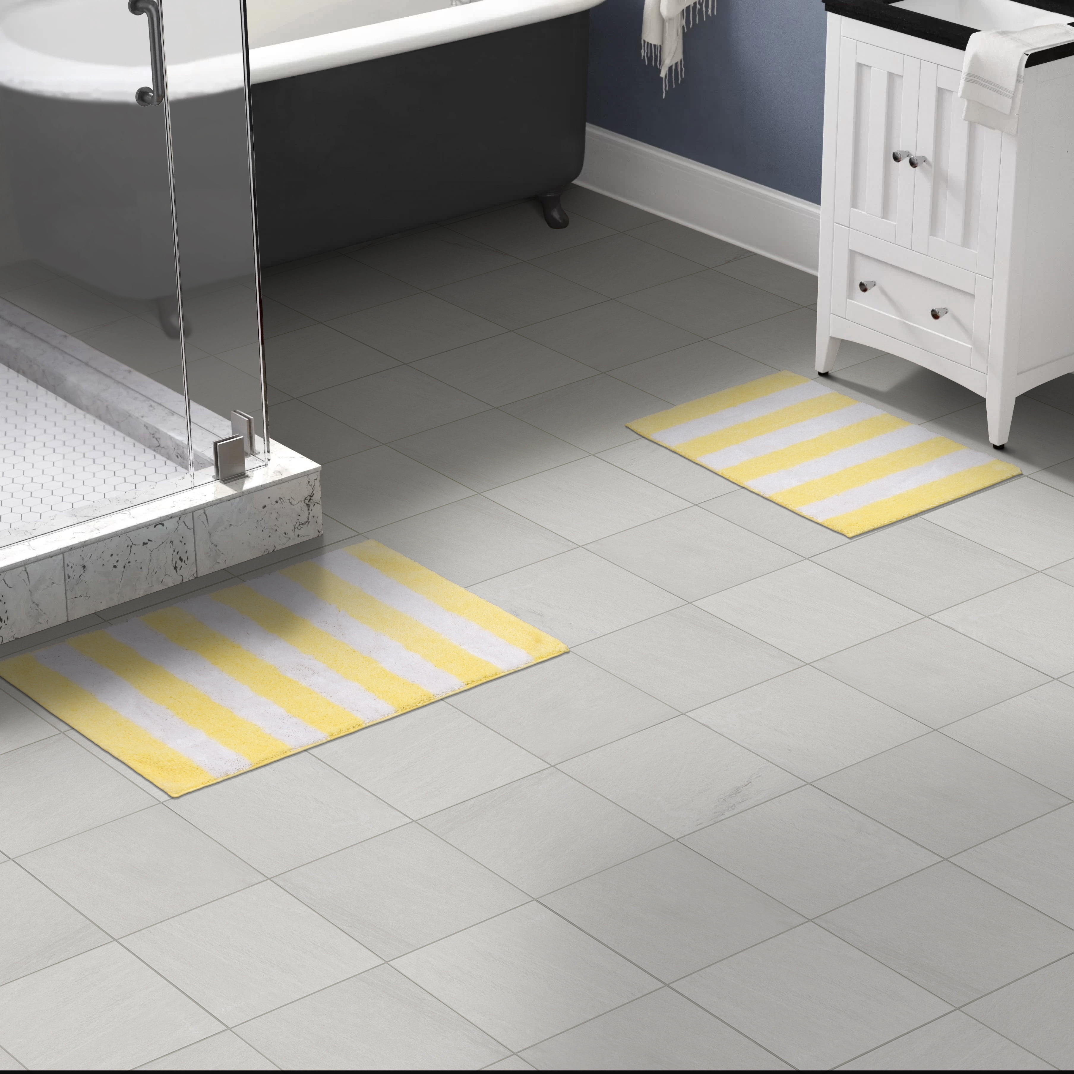 Garland Rug Beach Stripe Washable Bath Rug Set, 2 Piece Set (17"x24" Bath Rug, & 21"x34" Bath Rug) Rubber Ducky Yellow/White