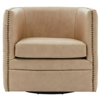 Pemberly Row 18" Top Grain Leather Swivel Tufted Chair in Beige