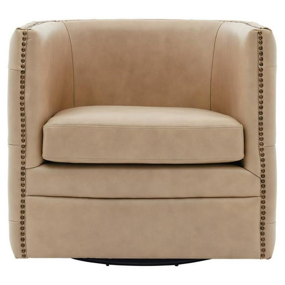 New Pacific Direct Leslie 18" Top Grain Leather Swivel Tufted Chair in Beige