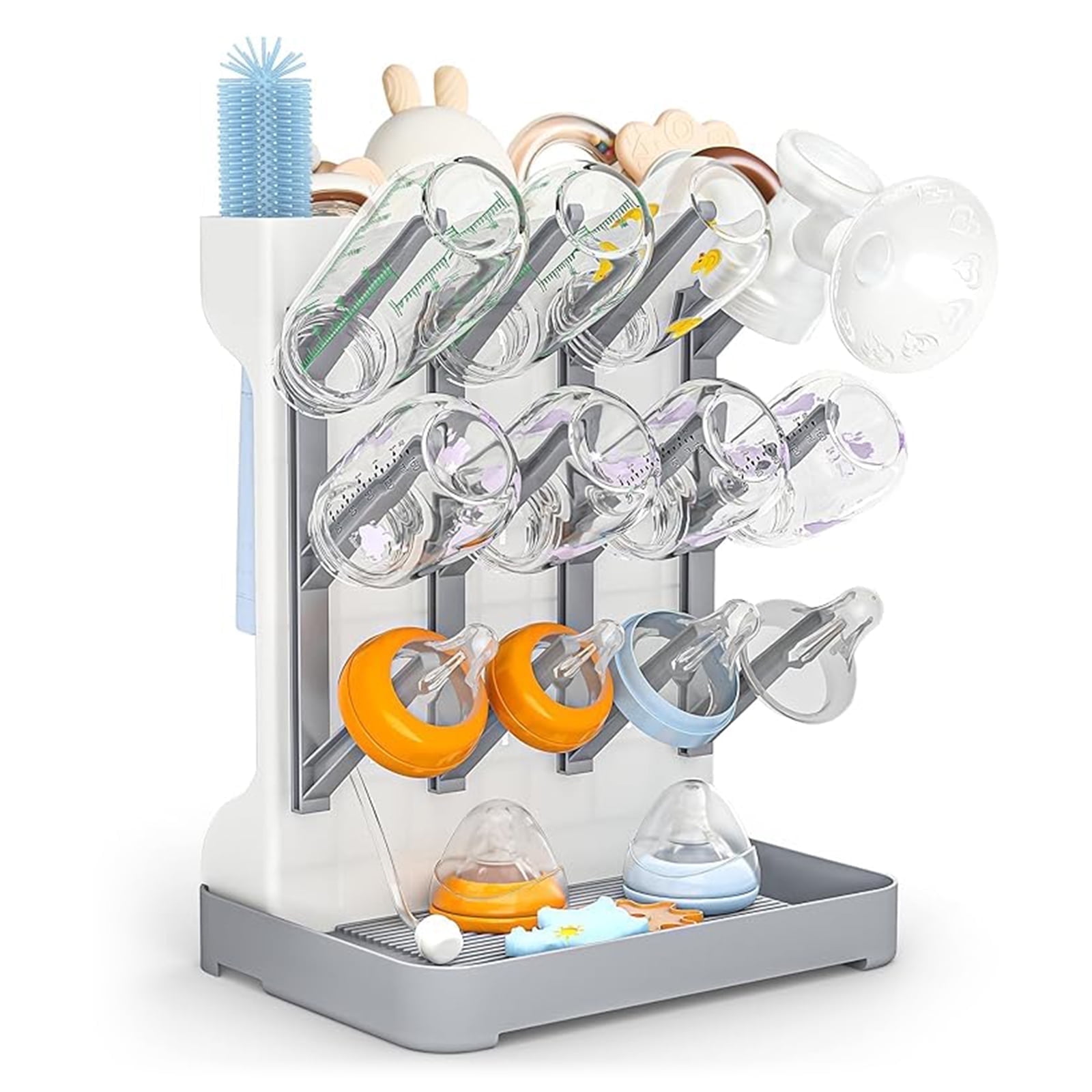 Baby Bottle Drying Rack - Large Vertical Bottle Dryer Rack Holder, Space Saving Countertop Drying Rack Baby Accessory for Baby Bottles and Pump Parts (Gray)