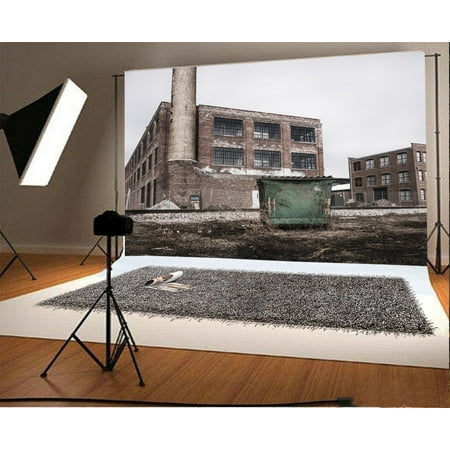 Image of 7x5ft Ruined Factory Backdrop Weathered Brick House Vintage Window Grunge Floor Nature Winter Scene Photography Background Kids Adults Photo Studio Props