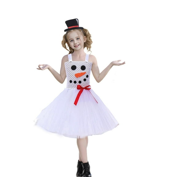 Hifoo Girls Snowman White Tutu Party Dress Holiday Pageant Stage Performance Elegant Puffy Sleeves Skirt Festive Cute Kids Christmas Solid Color O-Neck Dresses