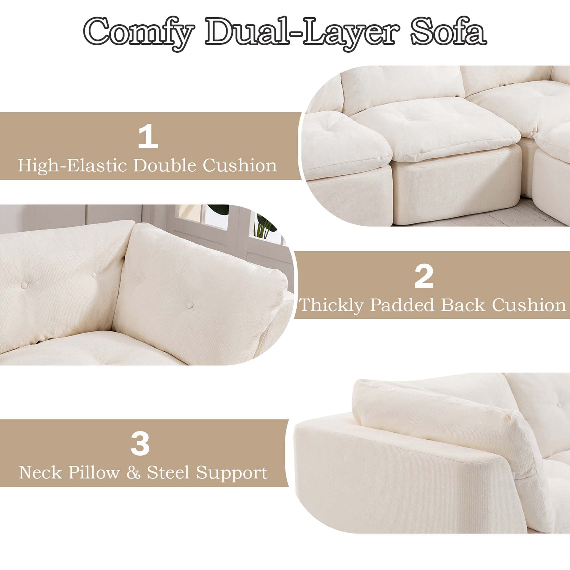106.29" Sectional Sofa, 3 Seater Modular Sectional Floor Sofa with Ottoman, Chenille Cloud Couch for Living Room, Deep Seat Sofa, Beige