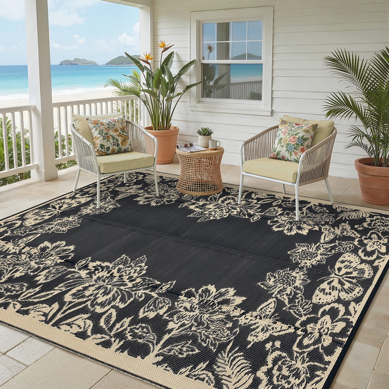 HIWEAVER Black/Brown 8'x 10' Outdoor Rug PP Plastic Straw Woven Waterproof Patio Rug with Floral Border Portable Outside Carpet for Balcony Deck Picnic Garden Decor