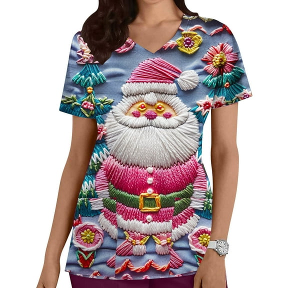 QATAINLAV Novelty Scrubs for Women Christmas 3D Printed Short Sleeve V Neck Nursing Scrub Tops Funny Santa Print Holiday Medical Working Uniform Blouse with Pockets Multicolor#1 XXL