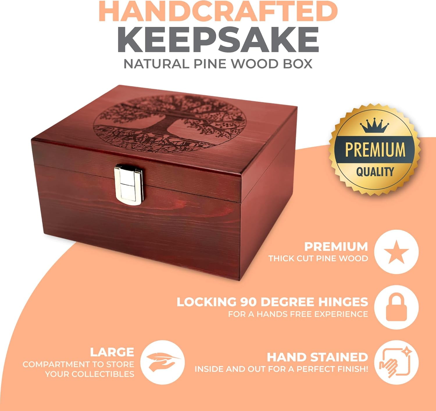 Tree of Life Large Wooden Decorative Box - Handcrafted Keepsake Storage with Hinged Lid and Metal Latch for Jewelry Photos