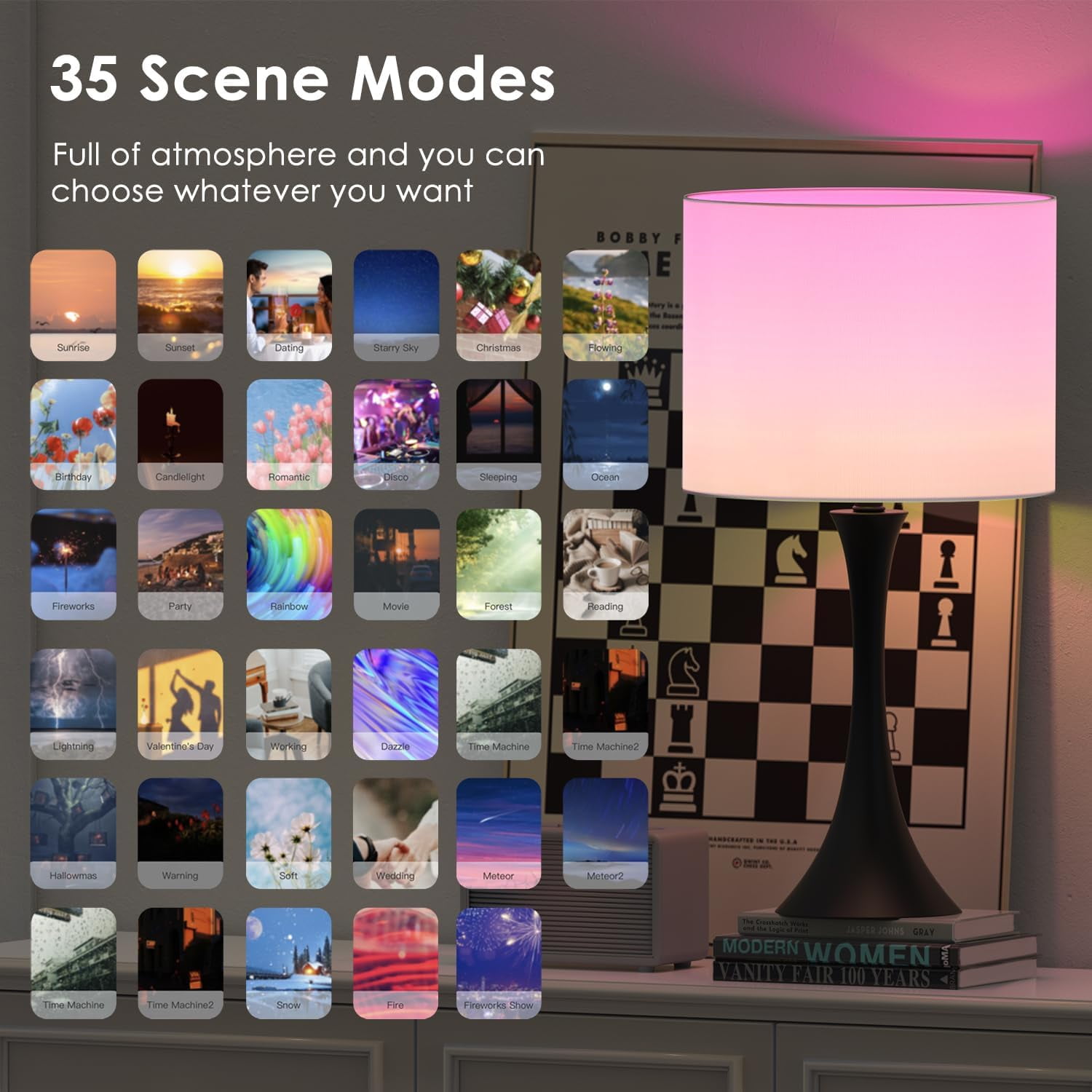 EMIE Modern Set of 2, Smart Bedside Table Lamps with APP Remote Control