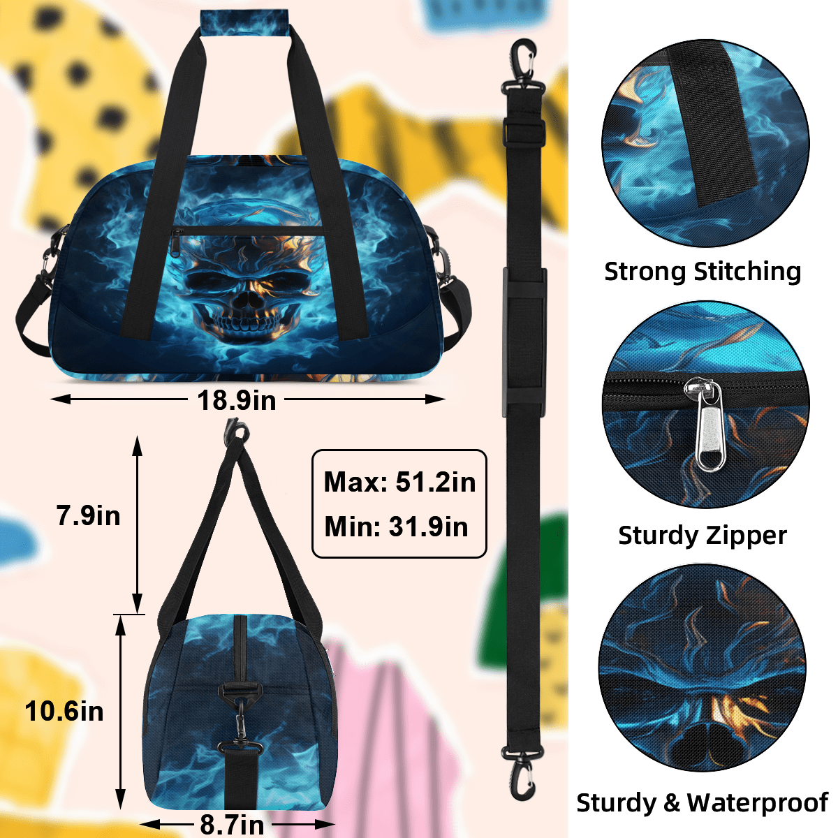 Herdesigns Skull Sports Duffle Bag for Women & Men, Gym Bag Dance Bag Overnight Bag Carry On Weekender Travel Bag