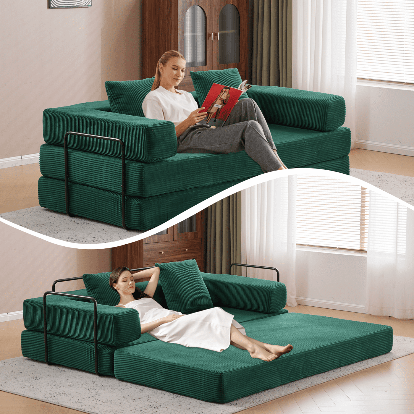 Jopath 76 Inch Convertible Sleeper Sofa Bed,Folding Floor Mattress Couch with Fixed-Shape Frame,Futon Boneless Couch Lounge Loveseat with Pull Out Bed, No Assembly Required,Dark Green+Corduroy