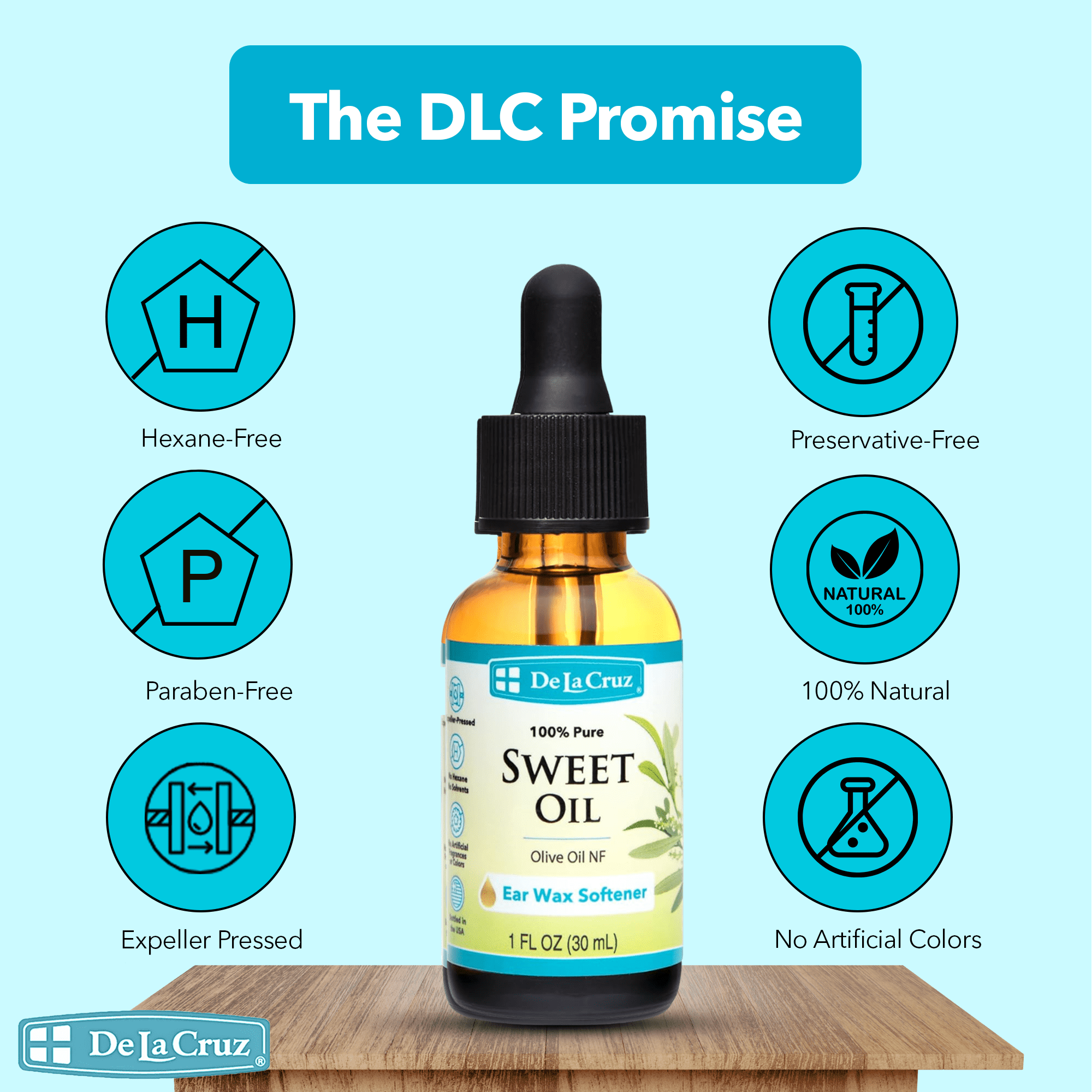 De La Cruz Sweet Oil Ear Drops, Suitable for Adults and Kids, Softening Hard Ear Wax, 1 fl Oz