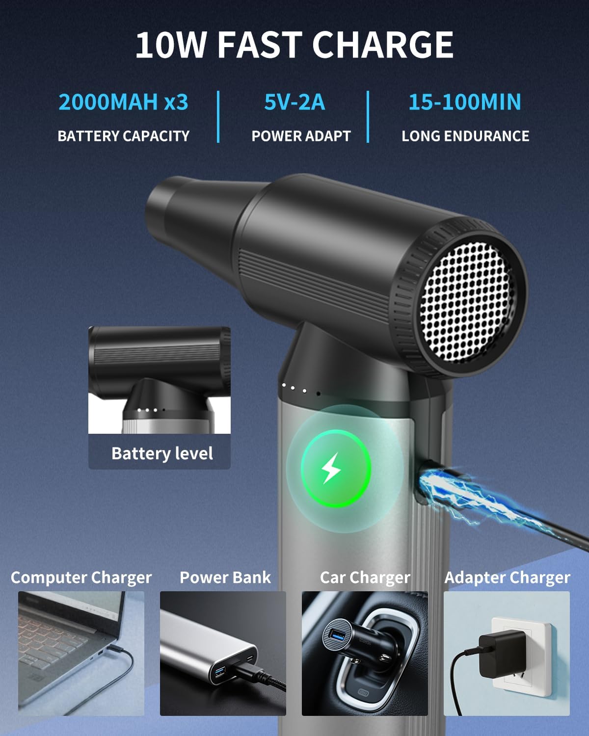MUSICOZY Compressed Air Duster,2-in-1 Duster Blower&Vacuum with 320000RPM Super Power,Electric Air Duster Rechargeable,3-Gear Adjustable Air Blower for Keyboard, Computer,Car Home Outdoor Cleaning