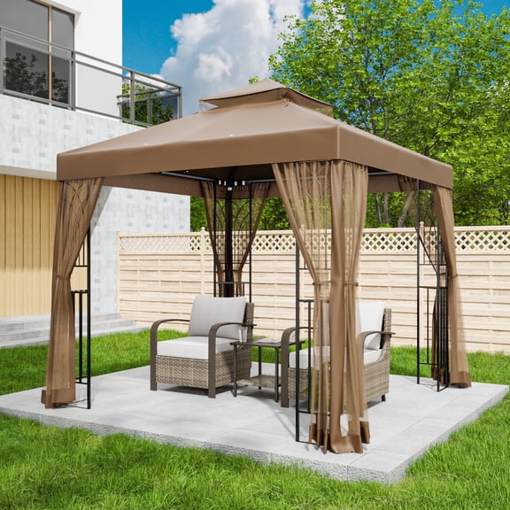 EAGLE PEAK 8' x 8' Outdoor Patio Gazebo, Steel Metal Gazebo With Soft Top Double Roof Canopy with Netting, Brown