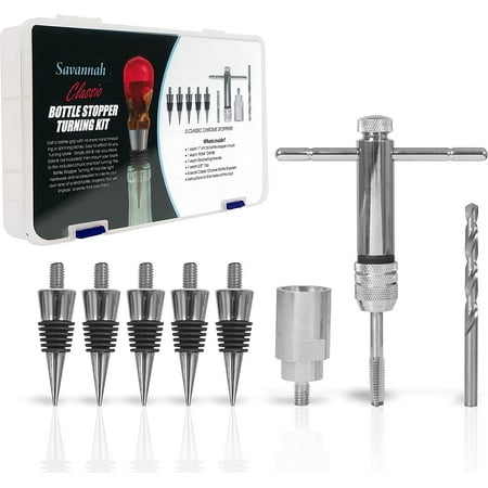 Bottle Turning Kit with 5 Classic Chrome Stoppers 19/64 inch Drill Bit 1 inch 8 tpi Chuck and Ratcheting Handle with 3/8 inch Tap