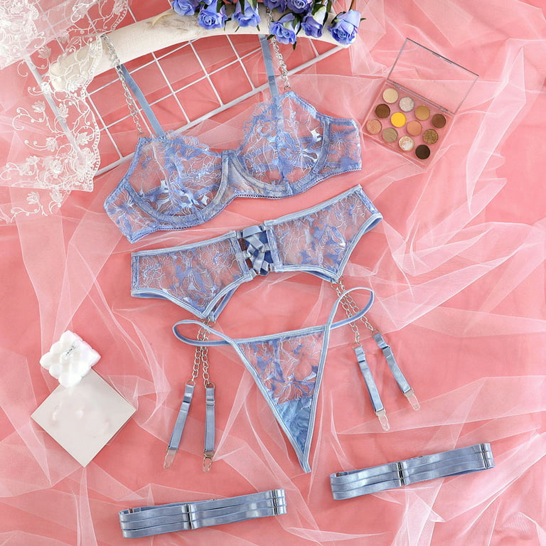 Hfyihgf Women's Floral Lace Lingerie Set with Garter Belts 4 Piece Sexy  Matching Sheer Chain Strappy Bra and Panty Sets(Light Blue,L) 