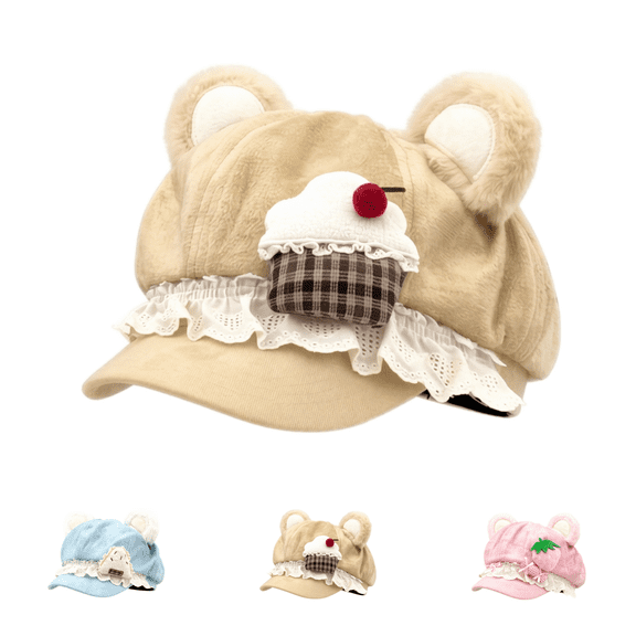 Y2K 2000S Kawaii Cutecore Bear Ears Beret Hat, Hats for Women,Sweet Lolita Octagonal Newsboy Cap,Soft Polyester Suede‑Like,Lace Ruffle & 3D Food Appliques Fashion Accessories-Khaki