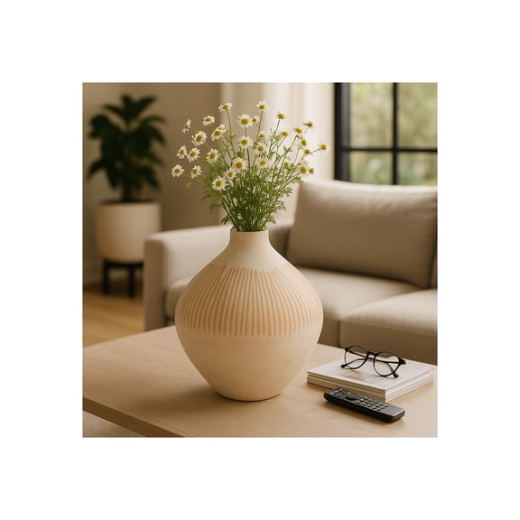Decorative Rustic Inspired Glass Vase for Living Room Decor - Elegant Modern Flower Vase for House Accent, Bedroom, and Office Decor - Cute House Vase for Mantel or Table Centerpiece - 14", Ivory