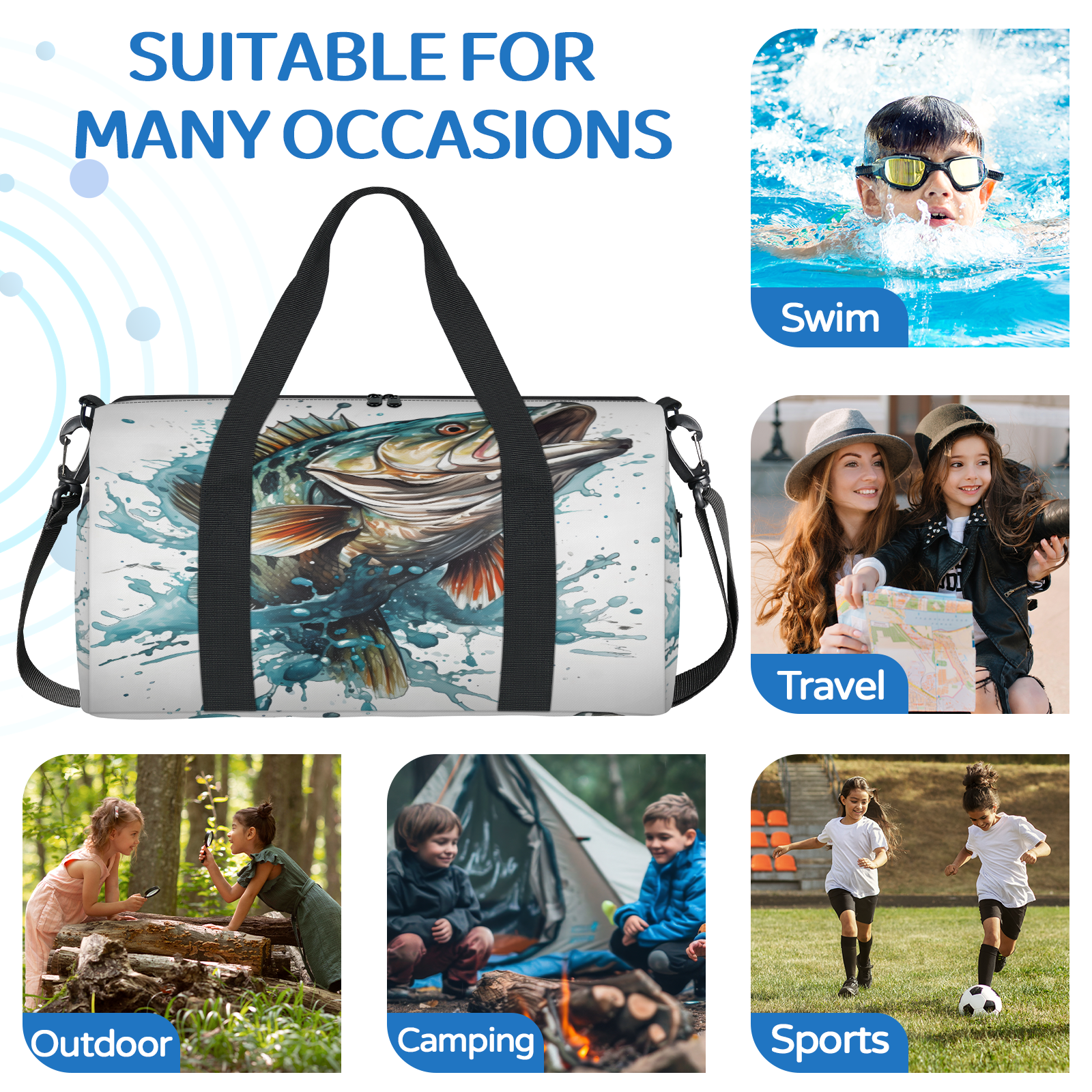 Herdesigns Funny Fish Gym Bag for Women, Duffle Bag for Travel Sport, Bass Fish Lightweight Waterproof Carry on Weekender Dance Yoga Workout Bags