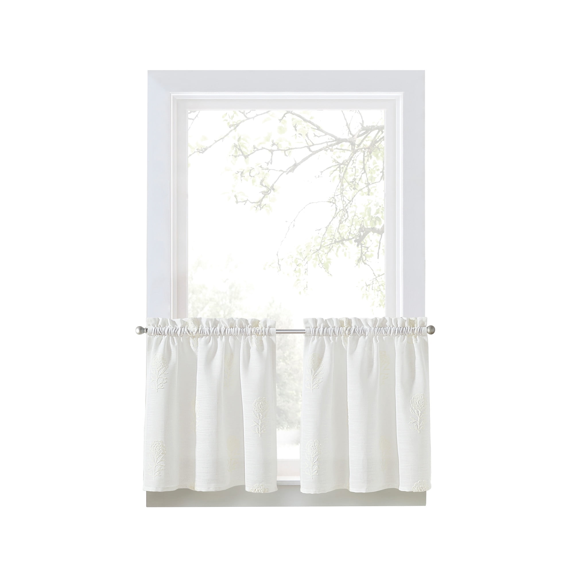 Curtainworks Grace Floral 24" Tier Pair White, Indoor, Rod Pocket, 56" x 24", Adult