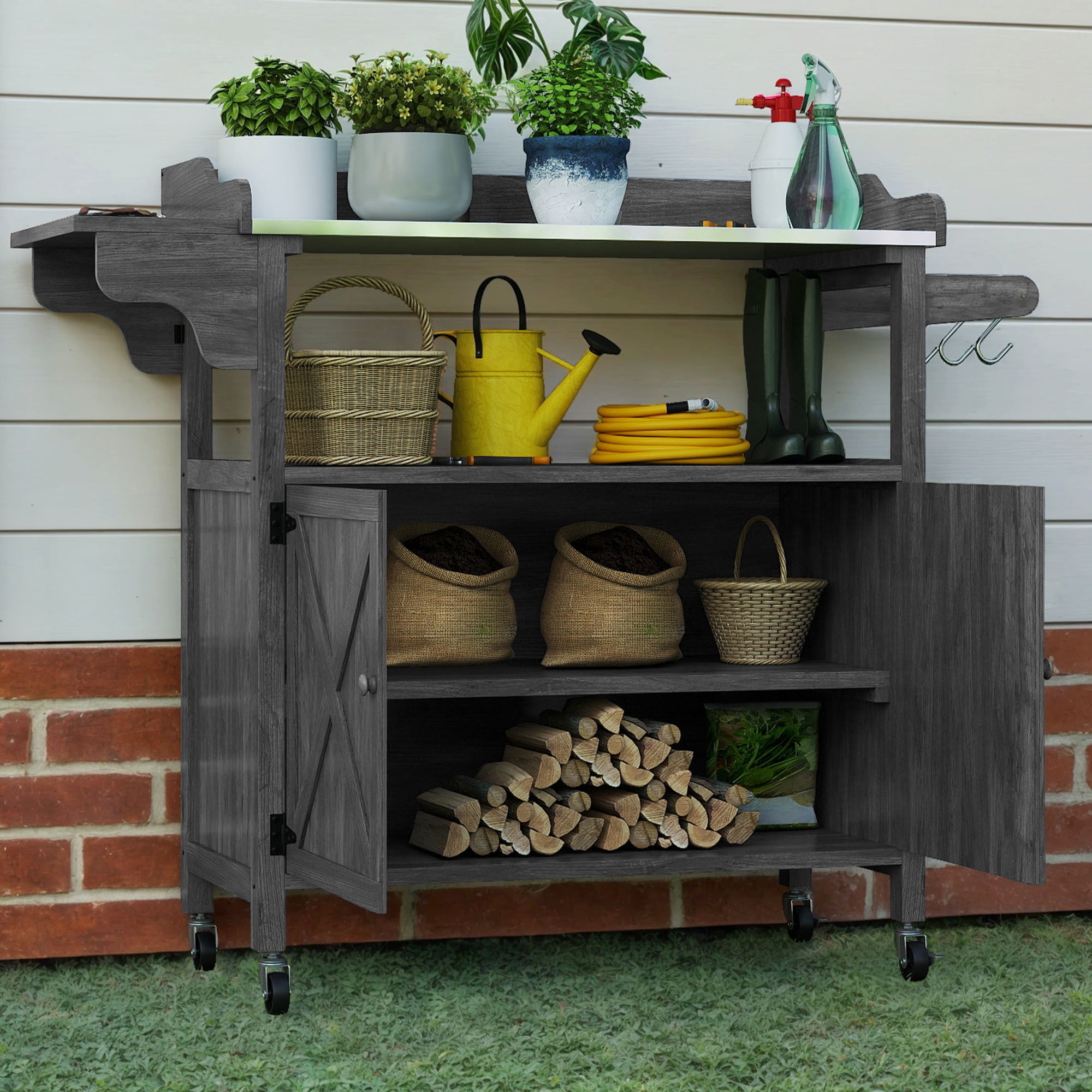 Uforic Outdoor Potting Bench Table, Planting Work Bench with Galvanized Metal Tabletop, Foldable Side Panel, 4 Casters, Adjustable Shelf, Garden Workstation for Patio/Backyard, Gray