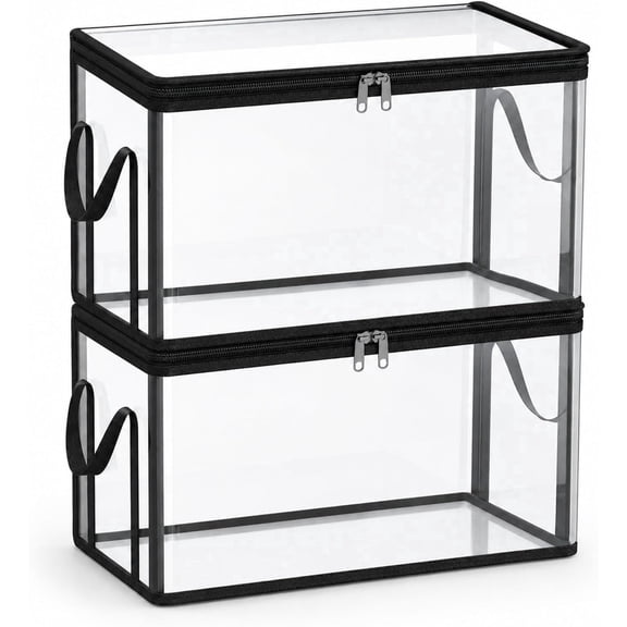 ROJAX 2PCS Clear Storage Bags with Lids, Heavy Duty PVC Stackable Closet Organizer Bins with Handles & Zipper, Foldable Moving Storage Tote for Clothes Toys Dorm Packing