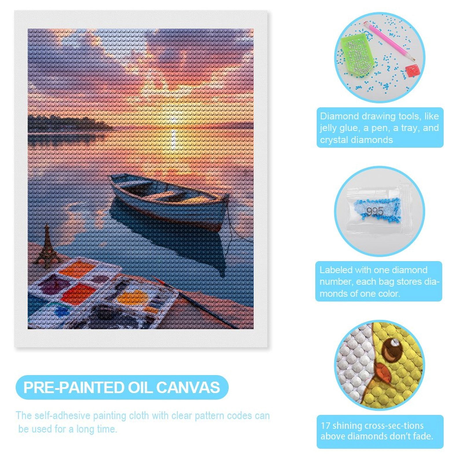 Diamond Art Kits for Adults, Sunset Reflection Serenity Boat Painting 5D Diamond Painting Kits for Adults Beginners, DIY Full Drill Diamond Painting, Gem Art and Crafts 12x16