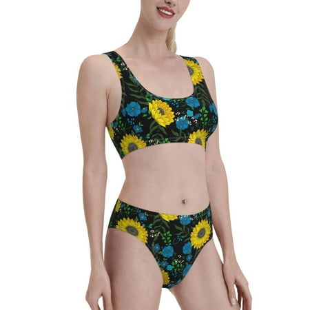 Picia Sunflowers And Blue Flower Women s High Waisted Bikini Scoop Neck Swimsuit Two Pieces Bathing Suit-Small
