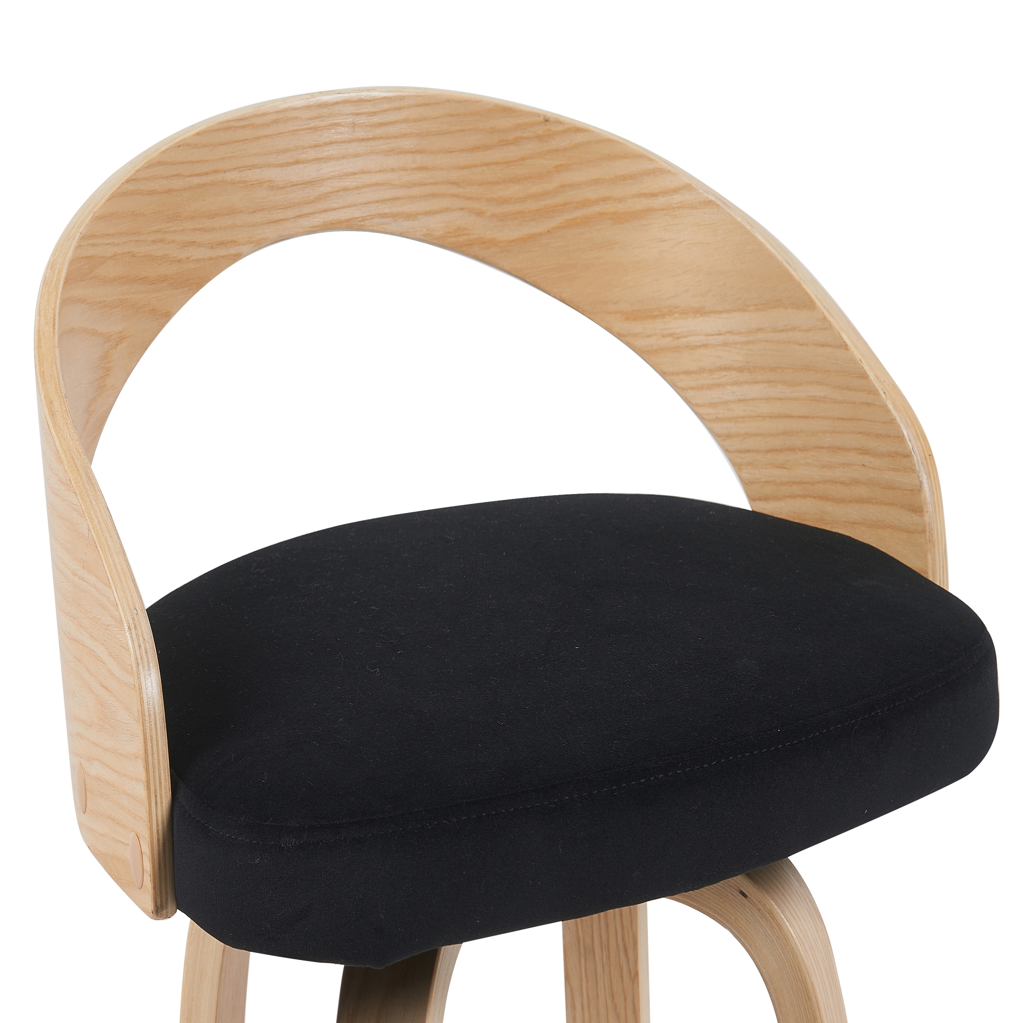 Sonia Modern Swivel Counter Height Bar Stool with Black Upholstered Seat and Patterned Oak Wood Finish