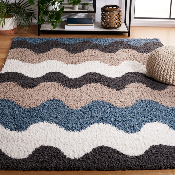 SAFAVIEH Calico Varvara Wavy Striped Polyester Shag Area Rug, Black/Taupe, 5'3" x 7'6"