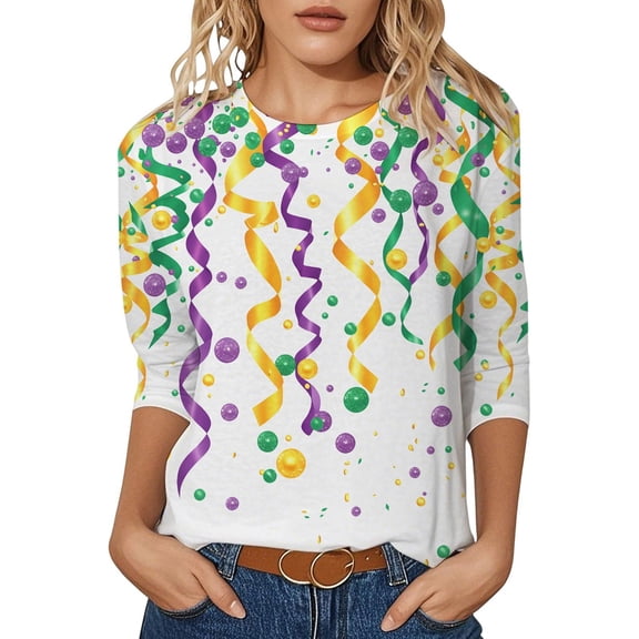 Arlun Funny Mardi Gras T-Shirts for Women Carnival Print Crew Neck 3/4 Sleeve Tops Soft Comfortable Loose New Party Lightweight Blouses 2026 Spring Fashion Outfits 4-Purple XL