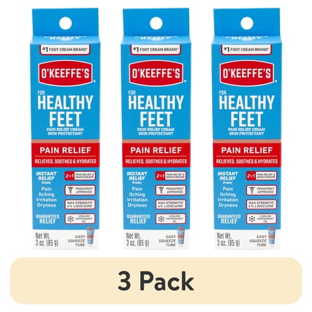 (3 pack) O'Keeffe's Healthy Feet Pain Relieving Foot Cream with Lidocaine, 3oz Tube