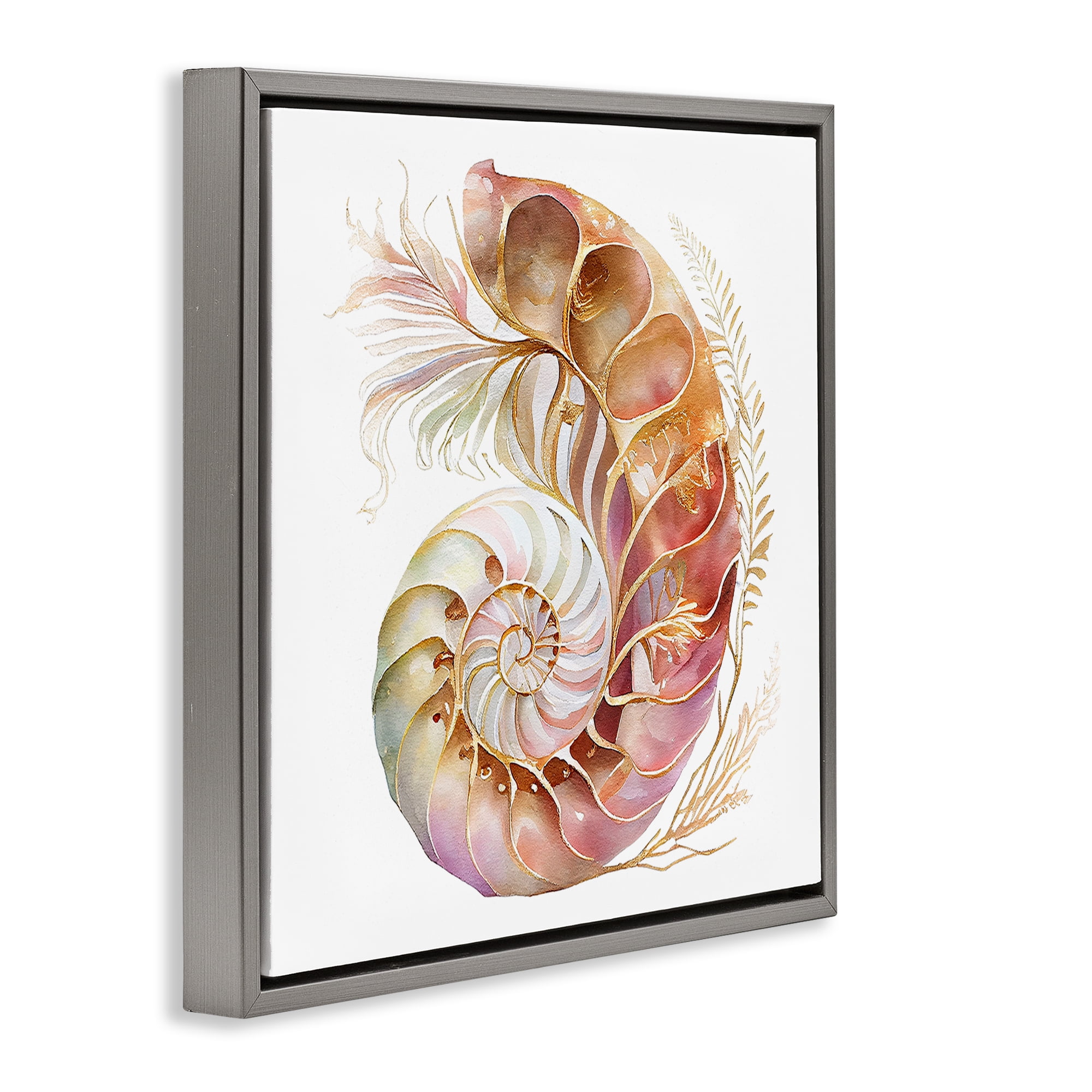Stupell Industries Curled Nautilus Pattern Nautical & Beach Painting Gray Floater Framed Canvas Art Print Wall Art, 18 x 18