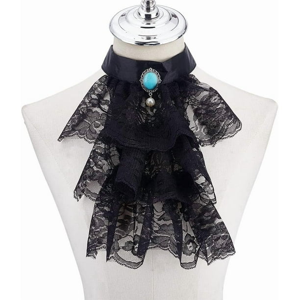 1 pieza de cuello jabot negro con encaje, corbata jabot con volantes, cuello desmontable estilo colonial, accesorio de disfraz para hombres y mujeres, cosplay y disfraces.