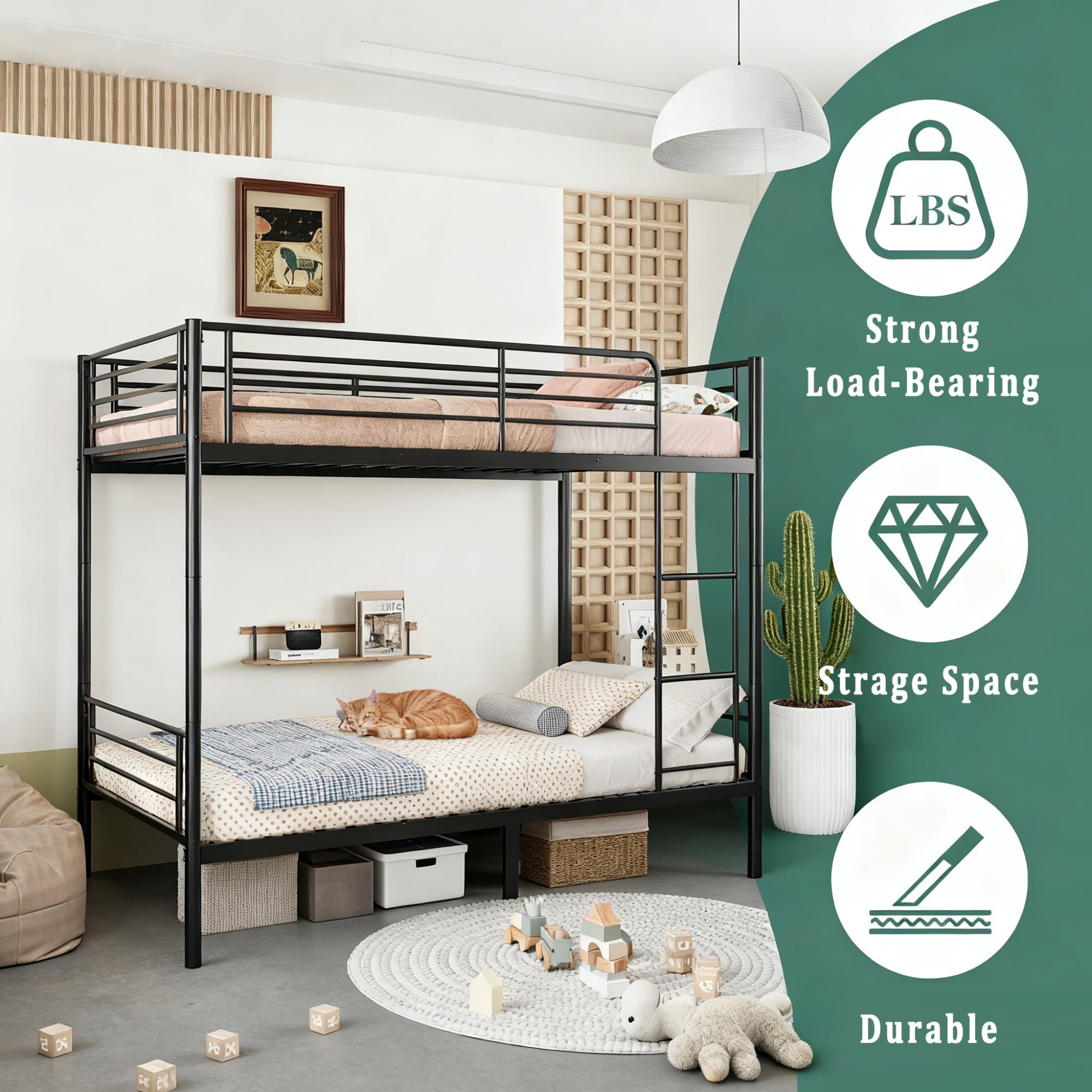 Leumius Twin over Twin Bunk Bed,Metal Bed Frame with Ladder and Guardrail,Noise Free,Easy Assemble,Able to Split 2 Bed,Black
