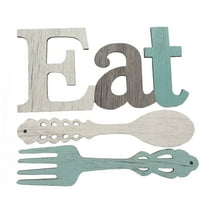 Elbeaqi Set of Eat Sign Fork and Spoon Wall Decor Rustic Wood Decoration Cute Eat Letters for Kitchen and Home Decorative Hanging Wooden Country Wall Art for Dining Room Light Blue