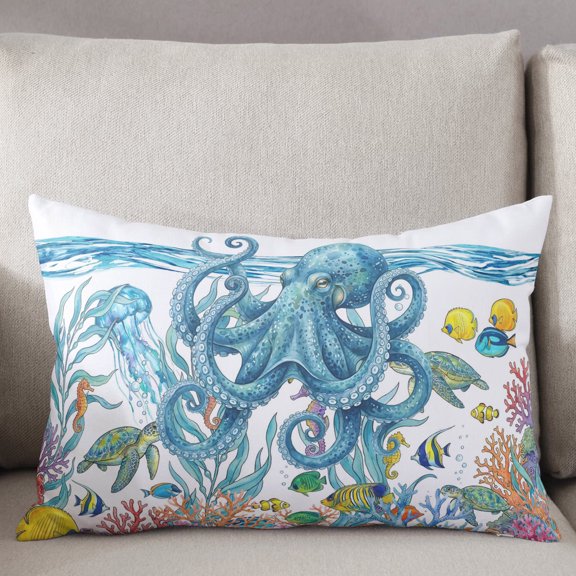 Decorative Pillow Cover 16x24 Inch Octopus Coastal Lumbar Pillow Cover Ocean Jellyfish Seahorses Corals White Soft Cushion Covers for Sofa Couch Bed, Living Room Home Decor