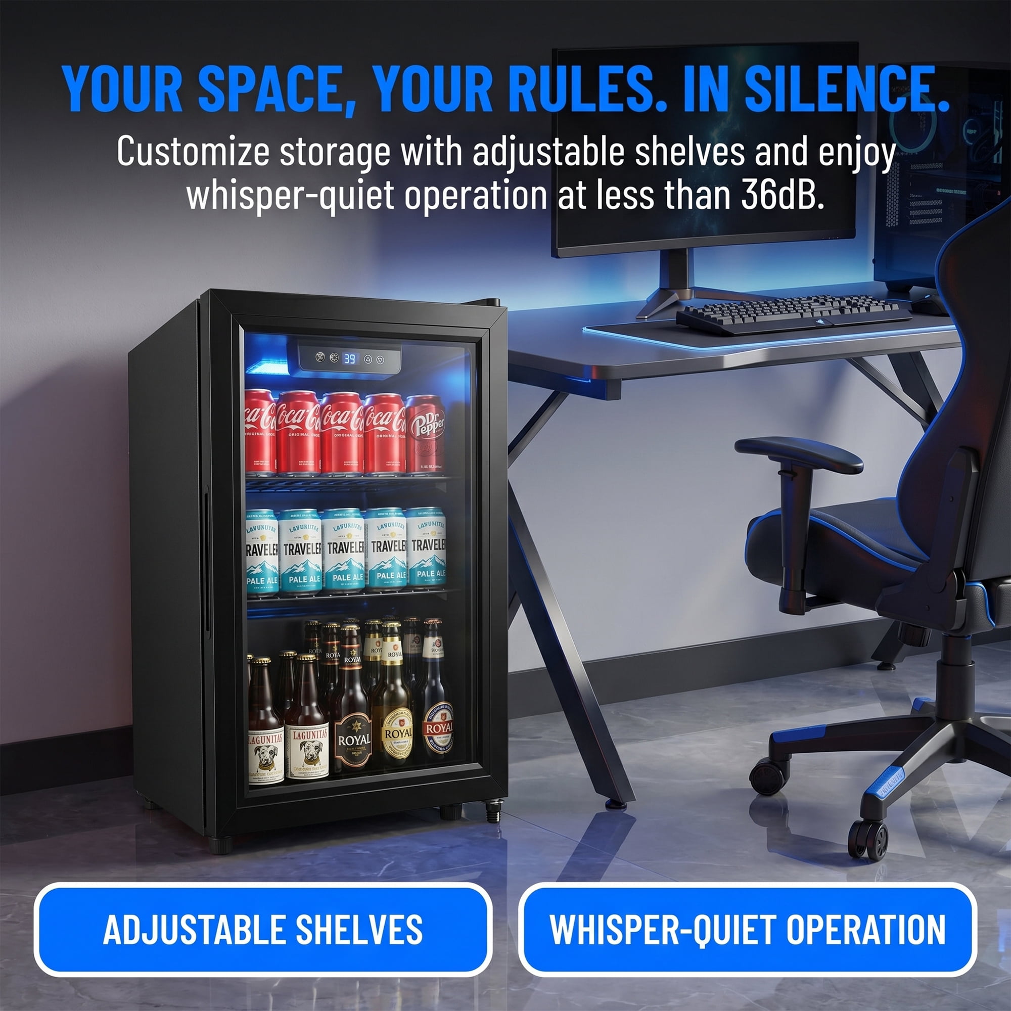 Dawmilon 1.8 Cu Ft Beverage Refrigerator, 70 Can Mini Fridge with Glass Door, Digital Temperature Control, Adjustable Shelves, Quiet Cooler for Beer Soda Wine, Office Dorm
