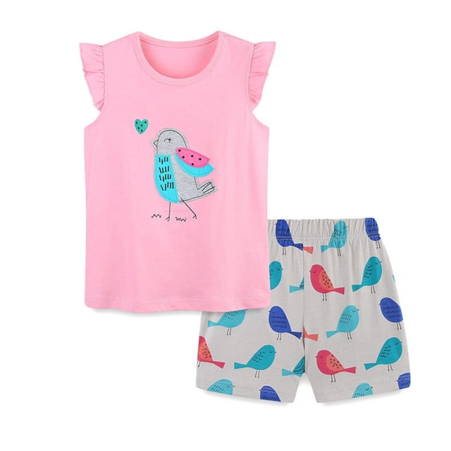 Toddler Cute Summer Outfits Cartoon Ruffles Casual T-Shirt Tops + Shorts Pants 2 Piece Outfits Girls Size 3-4 Years Clothes